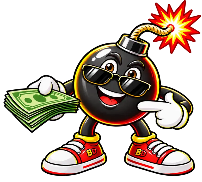BD Bomb mascot offering cash and pointing to it